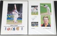 England Test and County player photographs 1980s-1990s. Black folder comprising forty printed colour images and montages of England players, all (with the exception of two) are signed by the featured player(s). Signatures include Tremlett, Stewart, Sagger