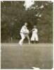 Claude Bowes-Lyon, 14th Earl of Strathmore and Kinghorne. Two original mono press photographs, one of Lord Strathmore batting, the other with team members in conversation on the pitch. Pencil annotations to verso describe ‘Lord Strathmore’s XI v Drapers o