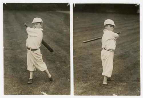 Young boy cricketer. Collection of Victor Forbin. Four original mono press photographs of a young boy in cricket attire, two each in batting and wicketkeeping poses. Pencil annotations to verso, ‘D.M.[Daily Mirror?] Sept 1st Page 1’, with stamps for V. Fo