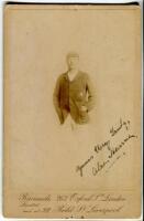 Alec Hearne. Kent & England, 1884-1906. Original sepia cabinet card photograph of Hearne, half length wearing Kent blazer and cap. Photograph by Barrauds Ltd, London. Photographer’s name printed to lower border. Signed in ink ‘Yours very truly Alec Hearne