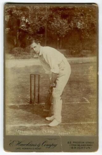 Samuel Hulme ‘Sammy’ Day. Cambridge University & Kent, 1897-1919. Original sepia cabinet card photograph of Day, full length in batting pose. Photograph by E. Hawkins of Brighton. Photographer’s name printed to lower border. Advertisement for Hawkins to r