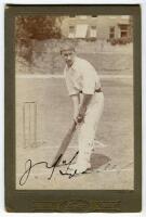 John Thomas Tyldesley. Lancashire & England 1895-1923. Excellent and original sepia cabinet card photograph of Tyldesley wearing Lancashire cap, full length, in batting pose in front of the wicket at Hove. Very nicely signed in black ink by Tyldesley. Pho