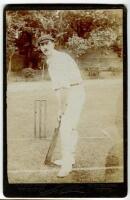 Thomas Jayes. Leicestershire 1903-1911. Original sepia cabinet card of Jayes in batting pose in front of the wicket. Photograph by E. Hawkins & Co, Brighton with name to lower border. Card measures 4.25”x6.5”. Minor fading to image otherwise in good condi