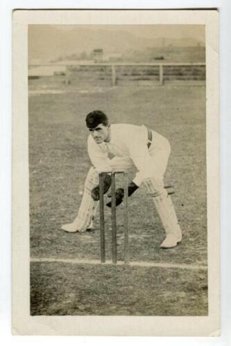 George Brown Studd. Cambridge University, Middlesex & England 1879-1886. Sepia real photograph cabinet card of Studd in full cricket attire in batting pose at the wicket. Photograph measures 4.25”x6.5”. Some wear and slight fading to image otherwise in ge