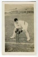 George Brown Studd. Cambridge University, Middlesex & England 1879-1886. Sepia real photograph cabinet card of Studd in full cricket attire in batting pose at the wicket. Photograph measures 4.25”x6.5”. Some wear and slight fading to image otherwise in ge