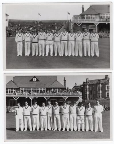 Yorkshire v M.C.C. Scarborough c.1951. Two original mono real photograph postcards, one of the Yorkshire team, the other M.C.C., the players standing in one row in front of the pavilion at Scarborough. Players featured include Yardley, Hutton, Trueman, Br