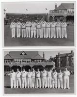 Yorkshire v M.C.C. Scarborough c.1951. Two original mono real photograph postcards, one of the Yorkshire team, the other M.C.C., the players standing in one row in front of the pavilion at Scarborough. Players featured include Yardley, Hutton, Trueman, Br