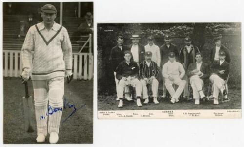 Edward Henry Bowley. Sussex, Auckland & England 1912-1934. Mono press photograph of Bowley walking out to bat. Signed in blue ink to the photograph by Bowley. P.A. News. 5.25&rdquo;x 3.25&rdquo;. Adhesive mark to verso and some creasing, otherwise good. Sold with a m