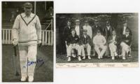 Edward Henry Bowley. Sussex, Auckland & England 1912-1934. Mono press photograph of Bowley walking out to bat. Signed in blue ink to the photograph by Bowley. P.A. News. 5.25”x 3.25”. Adhesive mark to verso and some creasing, otherwise good. Sold with a m