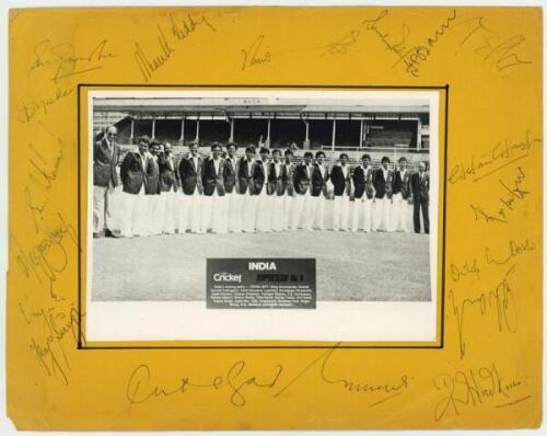 India tour to Australia 1980/81. Original mono publicity photograph by ‘Australia Cricket’, of the India touring party standing in one row wearing tour blazers at the ‘W.A.C.A.’, Perth. The photograph, measuring 8.5”x6”, is laid to a yellow card mount, ov