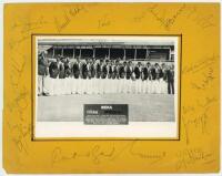 India tour to Australia 1980/81. Original mono publicity photograph by ‘Australia Cricket’, of the India touring party standing in one row wearing tour blazers at the ‘W.A.C.A.’, Perth. The photograph, measuring 8.5”x6”, is laid to a yellow card mount, ov