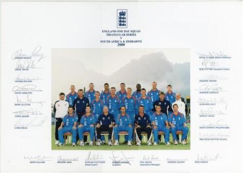 ‘England One Day Squad. Triangular Series v South Africa & Zimbabwe 2000’. Official colour photograph of the England players and support staff. The photograph, by Vivian Allen, Cape Town, with mount overlay with printed title and players names to borders,