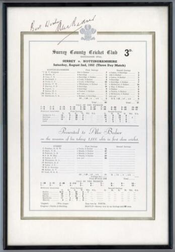 Alec Victor Bedser. Surrey & England 1939-1960. Original souvenir scorecard produced by Surrey County Cricket Club and ‘Presented to Alec Bedser on the occasion of his taking 1,000 wkts in first class cricket’. The scorecard, with complete printed scores,