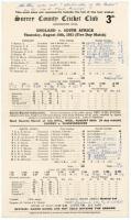 England v South Africa 1951. Official scorecard for the fifth Test played at the Oval, 16th- 18th August 1951. England won by four wickets. Len Hutton was out ‘Obstructing the field’ in the 2nd innings which was the first time a player had been given out 