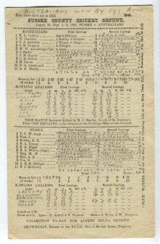 Sussex v Australians 1921-1953. Three official scorecards for matches played at Hove on the 1921, 1934 and 1953 Australian tours to England. The 1953 scorecard with complete printed scores, the others with printed and handwritten scores. Some general wear