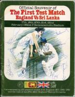 ‘The First Test Match. England v Sri Lanka’ 1982. Official souvenir programme for Sri Lanka’s inaugural Test match, v England, Colombo, 17th- 21st February 1982. Signed in ink to the front cover by all eleven members of the England team, and to the inside