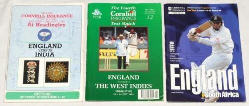 Signed Test match programmes 1986-1998. Three official match programmes for England home Test matches, each programme multi-signed to front cover and pen pictures by players, officials and commentators. Programmes are England v India, Headingley, 19th- 24