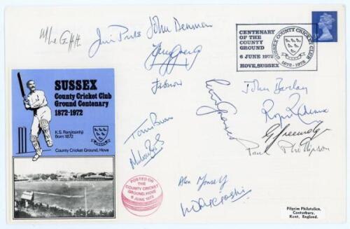 Sussex C.C.C. &lsquo;Centenary. 1872-1972&rsquo;. Official commemorative cover with official printed card insert, the cover signed to the face by fourteen members of the Sussex team including Greig, Prideaux, Greenidge, Barclay, Graves, Buss, Snow, Parks, Joshi, Denm