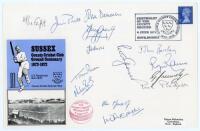 Sussex C.C.C. ‘Centenary. 1872-1972’. Official commemorative cover with official printed card insert, the cover signed to the face by fourteen members of the Sussex team including Greig, Prideaux, Greenidge, Barclay, Graves, Buss, Snow, Parks, Joshi, Denm