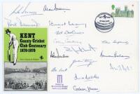 ‘Kent C.C.C. Centenary 1870-1970’. Official commemorative cover with printed insert to celebrate the Club’s Centenary, nicely signed in ink to the front by fifteen players. Signatures include Denness, Underwood, Woolmer, Cowdrey, Luckhurst, Knott, Johnson