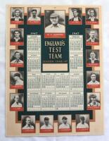 ‘England’s Test Team. Season 1946/47’. M.C.C. tour of Australia 1946/47. Original single page colour calendar featuring title to centre with calendar months and to outer borders mono cameo pictures of all seventeen members of the touring party. Very good 