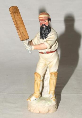 W.G. Grace. Continental, probably German, bisque figure of W.G. Grace in batting pose wearing pads and gloves and M.C.C. cap and belt. Approx 9.5” tall. Replacement wooden bat otherwise in good condition