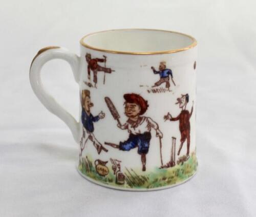 ‘The Army and Navy Forever’ c.1890. Small Victorian Staffordshire ceramic mug printed in colour with amusing scenes of wounded army and navy veteran cricketers playing the game, the figures depicted with wooded legs, hand hooks and crutches. Title to lowe