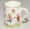 ‘The Army and Navy Forever’ c.1890. Small Victorian Staffordshire ceramic mug printed in colour with amusing scenes of wounded army and navy veteran cricketers playing the game, the figures depicted with wooded legs, hand hooks and crutches. Title to lowe - 2