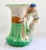 Burleigh Ware art deco ceramic cricket jug c1930&rsquo;s. The jug with cricket field and pavilion design to body with moulded batsman handle. The batsman wearing a blue cap and yellow/blue sash. The jug is 7.5&rdquo; tall with &lsquo;beehive&rsquo; Burleigh stamp to base. Very g