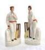 Julius Caesar and George Parr. A pair of original large Staffordshire cricketing figures, believed to be of Caesar and Parr. Both figures beautifully decorated, the figure of Caesar standing beside a set of brown cricket stumps holding a cricket bat, wear