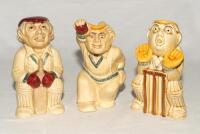 The Bowler, the Batsman and the Wicketkeeper’. Set of three H.J. Wood ceramic toby jugs of cricketers c.1960s/1970s. 7” tall. VG