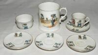 ‘Jumbo’ nursery ware. Selection of a cup and saucer, a tankard, a small bowl and three further saucers each decorated with image of Jumbo playing cricket, tennis, hockey, skating etc. Gold lustre to edges. The tankard stands 3.5” tall, the saucers 3.5” di