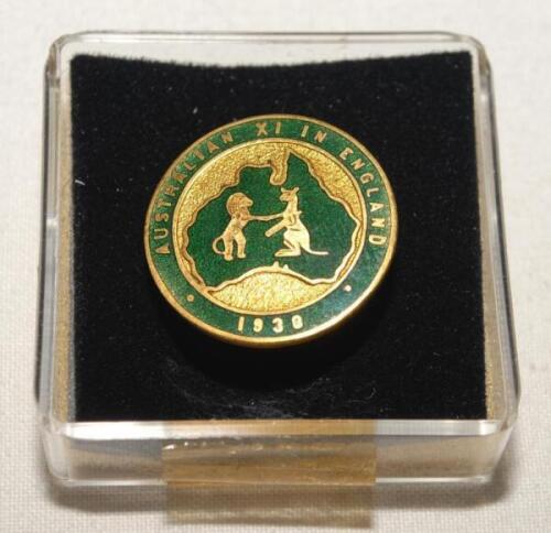 Ernest Leslie ‘Ernie’ McCormick. Victoria & Australia 1929-1939. ‘Australian XI in England 1938’. Original players lapel pin badge produced for the 1938 Australian tour of England and issued to McCormick. The gold metal and green enamel badge made by Schl