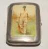 Silver cricket cigarette case. Cigarette case decorated with an oblong celluloid image of a batsman, wearing cap, walking out to bat. The case is hallmarked Birmingham 1900. The case measures 2.5”x3.25”. Odd knock/dent otherwise in good condition. Previou