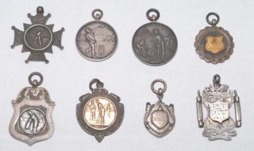 Cricket club medals 1893-1949. Fifteen cricket club medals of which eight are hallmarked silver, the majority with cricketing motifs. Engravings include ‘B.C.C. Bowling Average, J.E. Read 1893’, ‘S.R.J.C.L. A. Bothby 1911’, ‘East Leeds L.C.C. F. Rigler 1