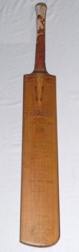 M.C.C. tour to South Africa 1948/49. Full size Sykes &lsquo;Super Selected&rsquo; cricket bat fully signed in ink to the face by all sixteen playing members of the M.C.C. touring party, and twelve of the South African team. England signatures are Mann (Captain), Grif