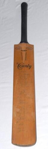 England v South Africa 1960. Full size Gunn & Moore ‘The County’ cricket bat signed in ink to the face by eleven members of the England team, and all sixteen of the South African touring party. England signatures are Cowdrey (Captain), Statham, Trueman, P