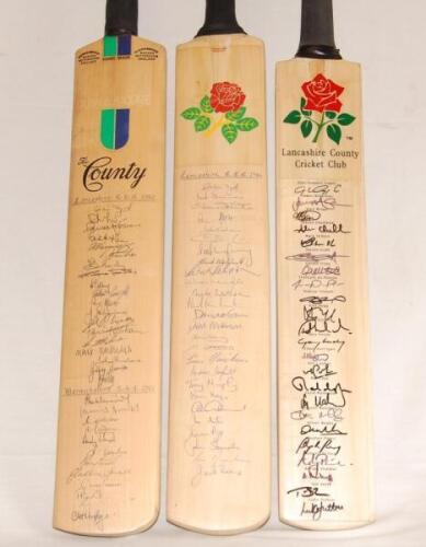 Lancashire C.C.C. 1982-2009. Three full size bats, each signed by Lancashire players. Gunn & Moore &lsquo;The County&rsquo; bat signed to the face by nineteen Lancashire players and twelve of Warwickshire, dated 1982. Signatures include C. Lloyd, D. Lloyd, Hayes, Fow