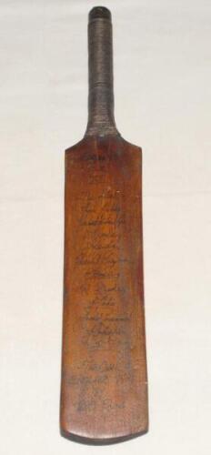 &lsquo;England Select XI. The Ashes&rsquo;. Miniature souvenir bat comprising twelve printed handwritten &lsquo;signatures&rsquo; of the names of the eleven members of the England team who beat Australia in the fifth Ashes Test by 289 runs at The Oval, 14th- 18th August 1926. Th