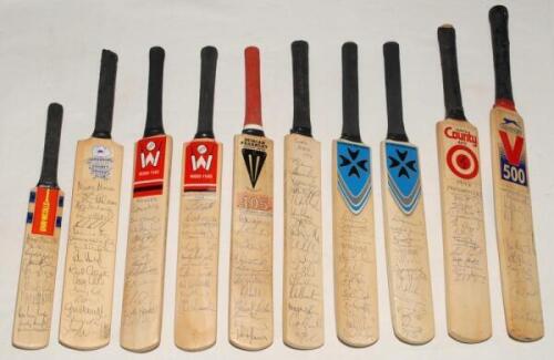Signed miniature bats c.1990s. A selection of ten miniature multi-signed bats of various sizes. Includes one measuring 11.75&rdquo;, Surrey c.1995 (10), seven 15&rdquo;, Yorkshire c.1992, Gloucestershire 1993 (11), Yorkshire v Sussex 1993 (22), Durham 1993/94 (11), S