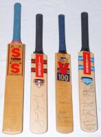 Signed miniature cricket bats. Four signed miniature bats including a Stuart Surridge ‘S.S. Turbo Grand Prix’ signed to the face by fourteen members of the England touring party ot New Zealand 1991/92 including Gooch, Stewart, Lamb, DeFreitas, Russell, Sm