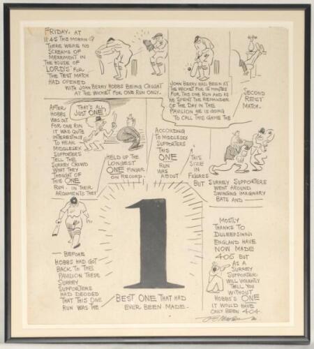 Tom Webster. Sporting cartoonist. Large original pen and ink artwork by artist Tom Webster, probably for the Daily Mail, reporting at the close of play on the first day of the second Test, England v Australia, at Lord’s, 27th June- 1st July 1930. The cart