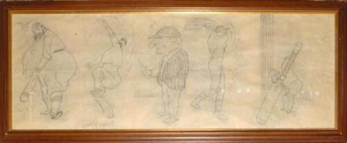 Tom Webster. Sporting cartoonist. ‘A Cavalcade of Sportsment’ c.1940. Very large original pencil artwork by Tom Webster. The cartoon comprises a panoramic view of caricatures of five notable cricketers, ‘W.G’ Grace in batting pose with a bird having appar