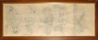 Tom Webster. Sporting cartoonist. ‘A Cavalcade of Sportsment’ c.1940. Very large original pencil artwork by Tom Webster. The cartoon comprises a panoramic view of caricatures of five notable cricketers, ‘W.G’ Grace in batting pose with a bird having appar