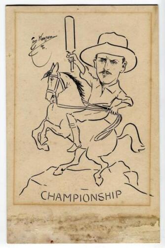 ‘Kent C.C.C. ‘County Champions 1906’. Early and original pen and ink artwork on artist board by artist Tom Webster, for publication the Sports Argus in Birmingham. The artwork depicts Cloudesley Henry Bullock Marsham, the Kent Captain, wearing trademark f