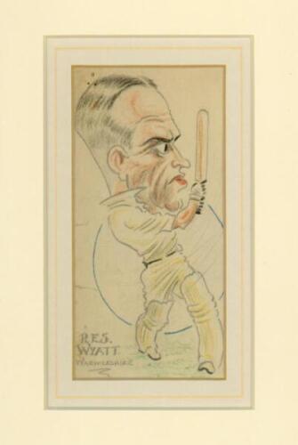 Robert Elliott Storey &lsquo;Bob&rsquo; Wyatt. Warwickshire, Worcestershire & England 1923-1951. Contemporary small colour pencil caricature of Wyatt in batting pose playing an attacking shot to the leg. Inscribed &lsquo;RES Wyatt. Warwickshire&rsquo;. Probably 1930s, artist unk