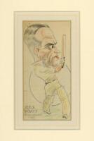 Robert Elliott Storey ‘Bob’ Wyatt. Warwickshire, Worcestershire & England 1923-1951. Contemporary small colour pencil caricature of Wyatt in batting pose playing an attacking shot to the leg. Inscribed ‘RES Wyatt. Warwickshire’. Probably 1930s, artist unk