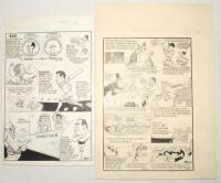 Australia v South Africa 1950s & 1960s. Three original pen and ink caricature/ cartoon artworks highlighted with colour, for ‘The Age’ newspaper by artist Samuel Wells. One cartoon relates to the Australia tour to South Africa, 1957/58, 2nd Test at Newlan