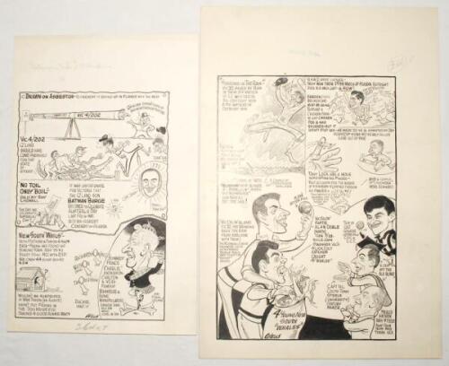 Victoria in the Sheffield Shield 1950s & 1960s. Two original pen and ink caricature/ cartoon artworks for &lsquo;The Age&rsquo; newspaper by artist Samuel Wells. The first cartoon, from the 1958/5 season is ttiled &lsquo;Telescopic View of Q&rsquo;land&rsquo;s Score&rsquo;, Sheffield Shield