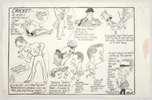 Victoria in the Sheffield Shield 1949/50 & 1964/65. Two original pen and ink caricature/ cartoon artworks with highlighting, for ‘The Age’ newspaper by artist Samuel Wells. ‘Cricket- Ah what a restful word!’ Dated to verso 19th December 1949, the cartoon 